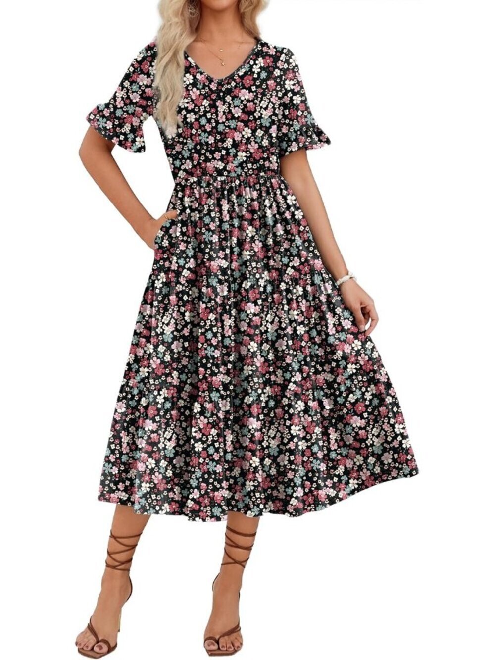 Zeagoo Women's Black Pink Floral Tiered Casual Neck Ruffle Short Midi Maxi Dress